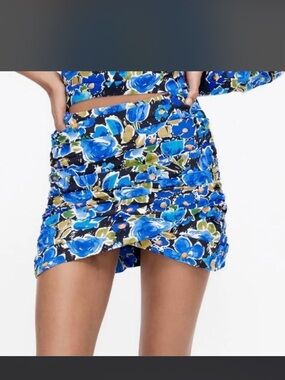 Zara Black Floral Ruched Mini Skirt with Blue and Green Accents